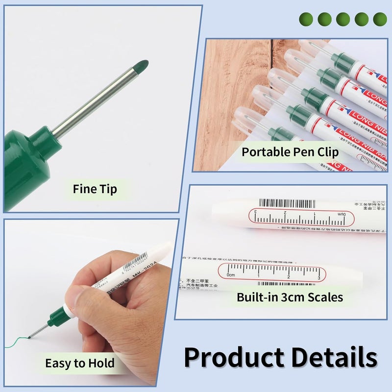 Mkobon 15 Pcs Long Head Deep Hole Marker, 20 mm Long Nose Nib Deep Reach Metal Marking Pen, Quick-drying Waterproof Permanent Pens For Carpenter, Woodworking, Construction (Green) - Image 4